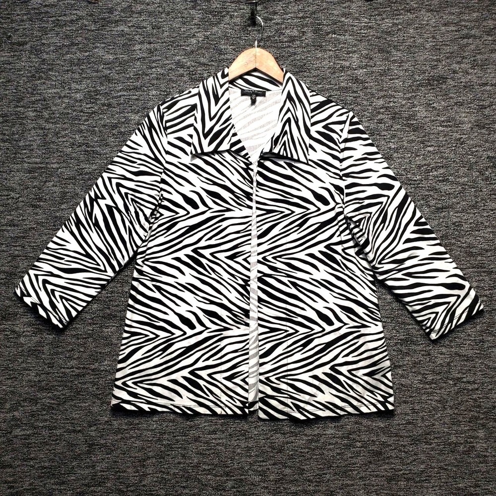 Slinky Brand Shirt Jacket Womens Medium Black White Zebra Print Open Front VTG